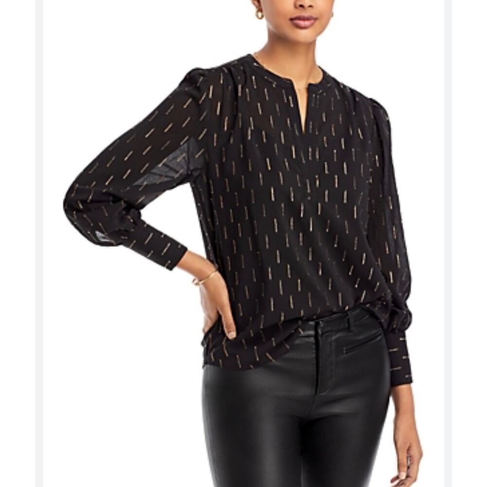 Tahari NWT Size Small Black Gold Clip Dot Sheer Blouse Long Sleeve V-Neck Top